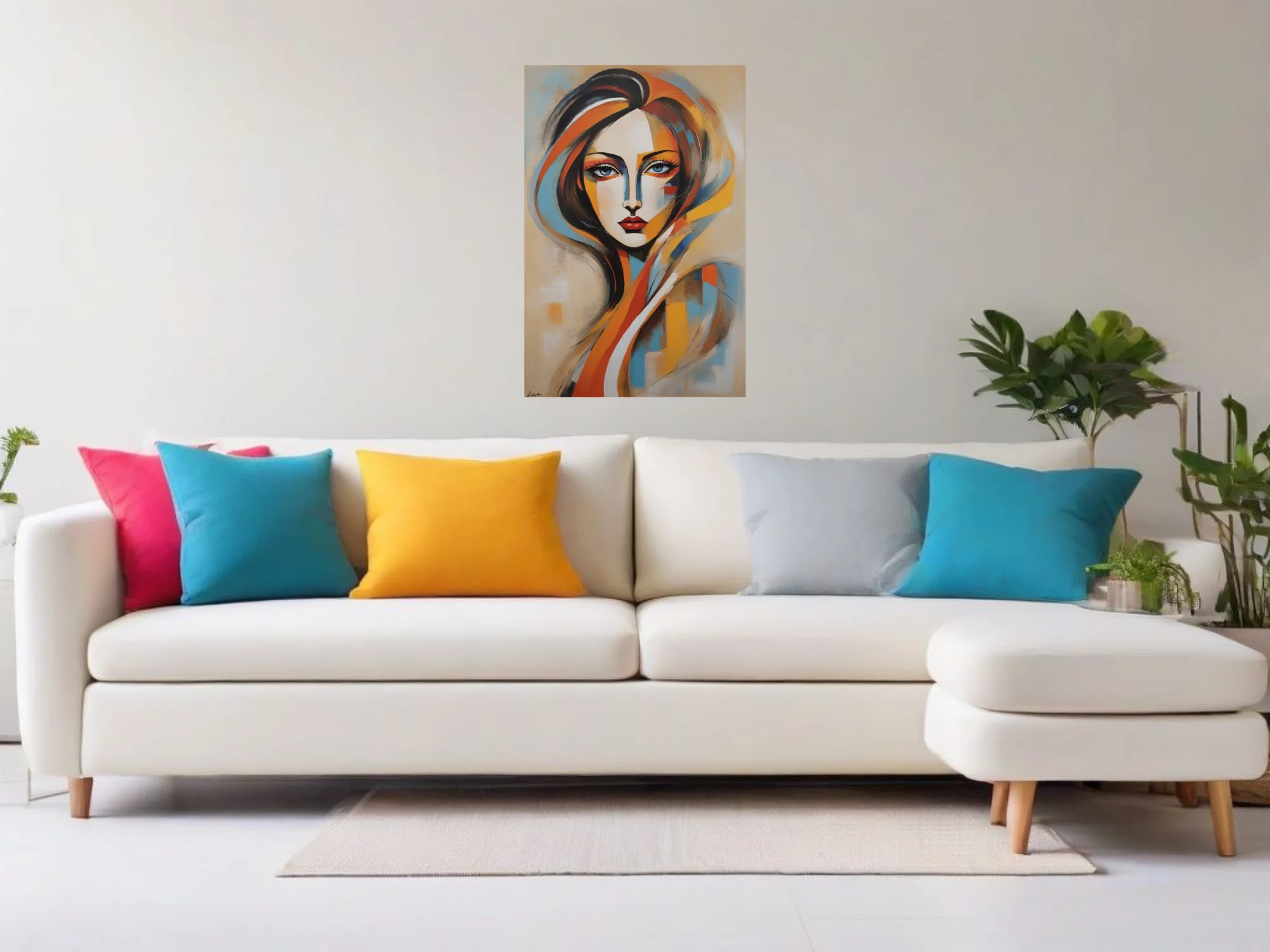 Stylized abstract woman portrait in ochre, orange, blue and black with bold expressive strokes