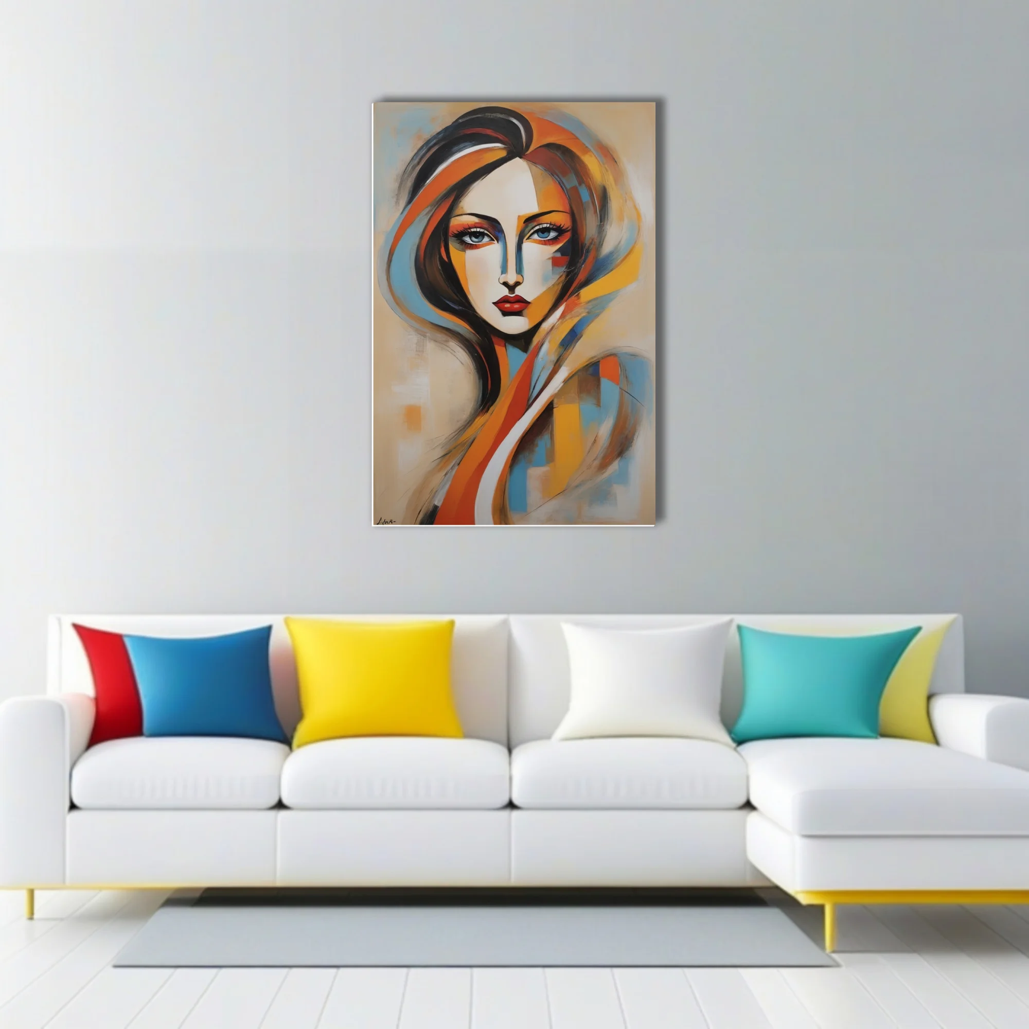 Stylized abstract woman portrait in ochre, orange, blue and black with bold expressive strokes