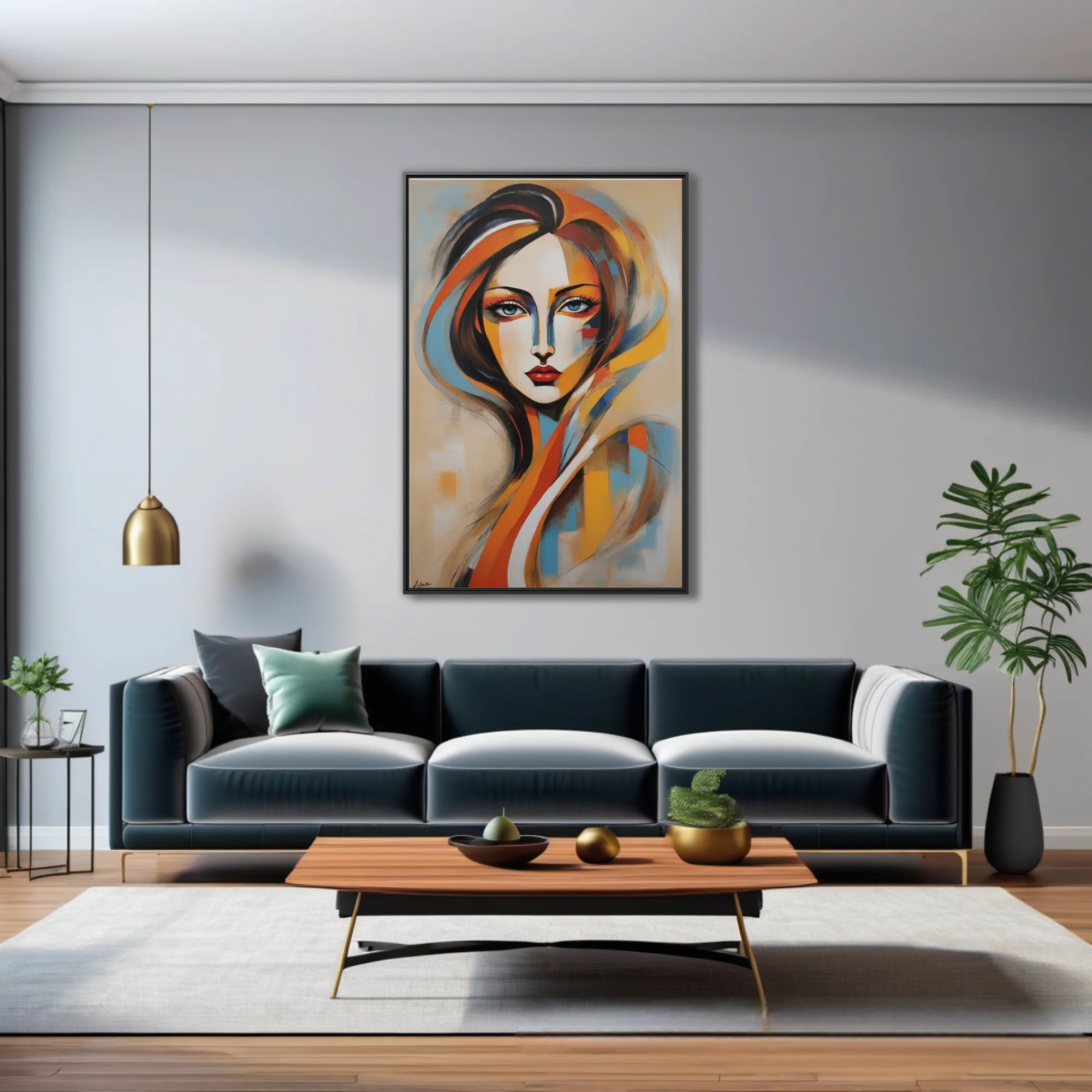 Stylized abstract woman portrait in ochre, orange, blue and black with bold expressive strokes