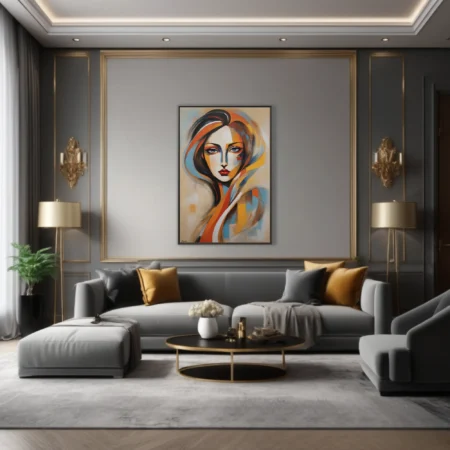 Stylized abstract woman portrait in ochre, orange, blue and black with bold expressive strokes