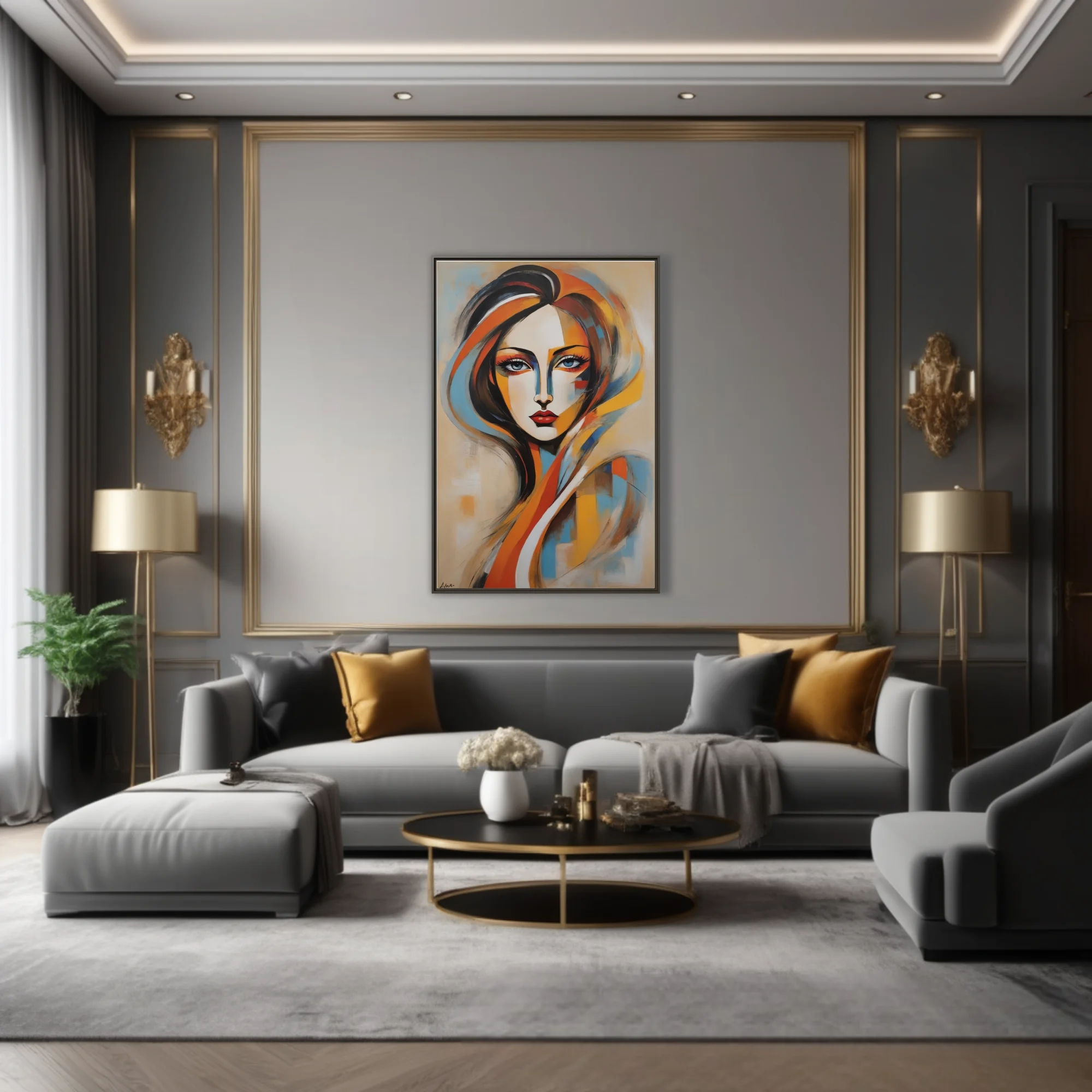 Stylized abstract woman portrait in ochre, orange, blue and black with bold expressive strokes