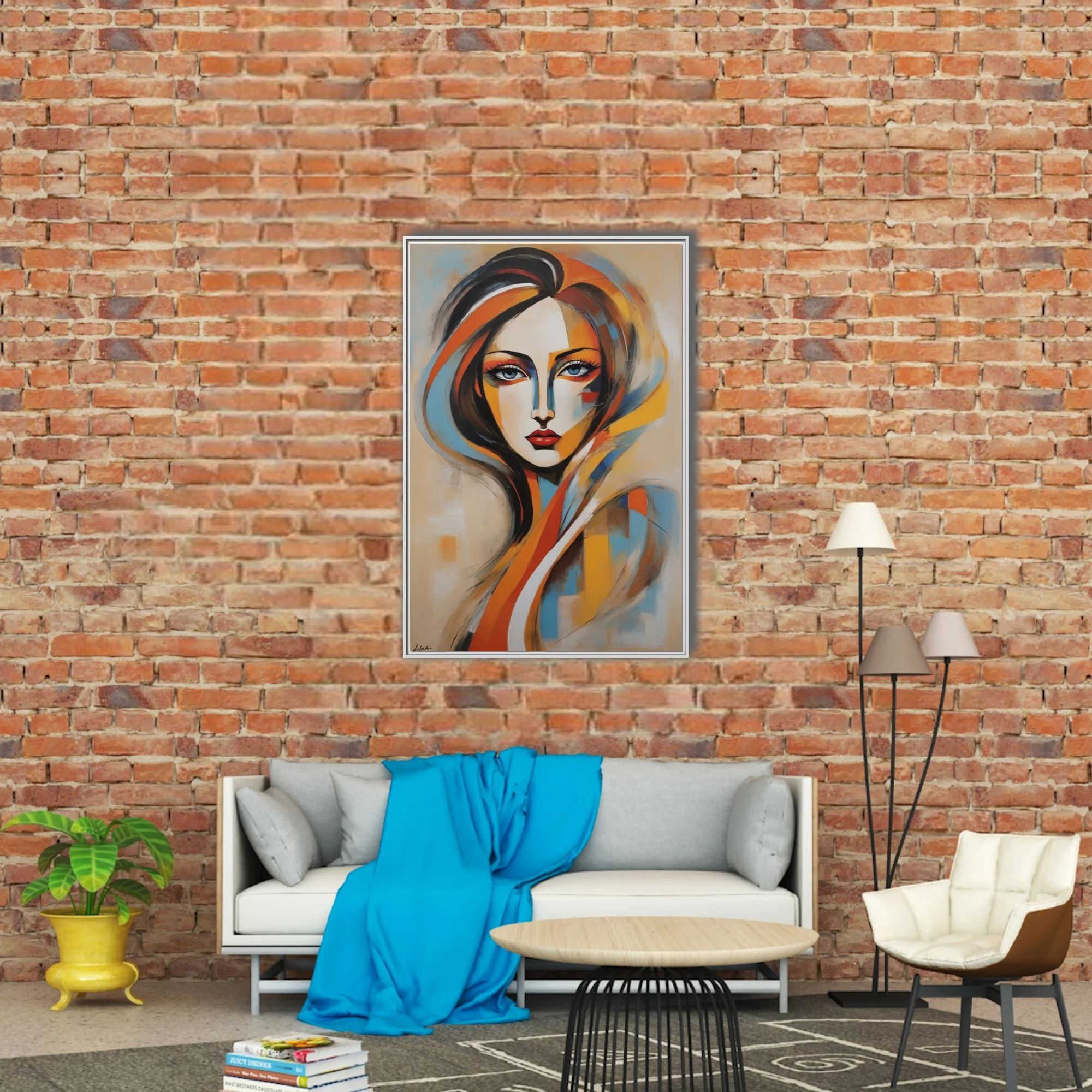 Stylized abstract woman portrait in ochre, orange, blue and black with bold expressive strokes
