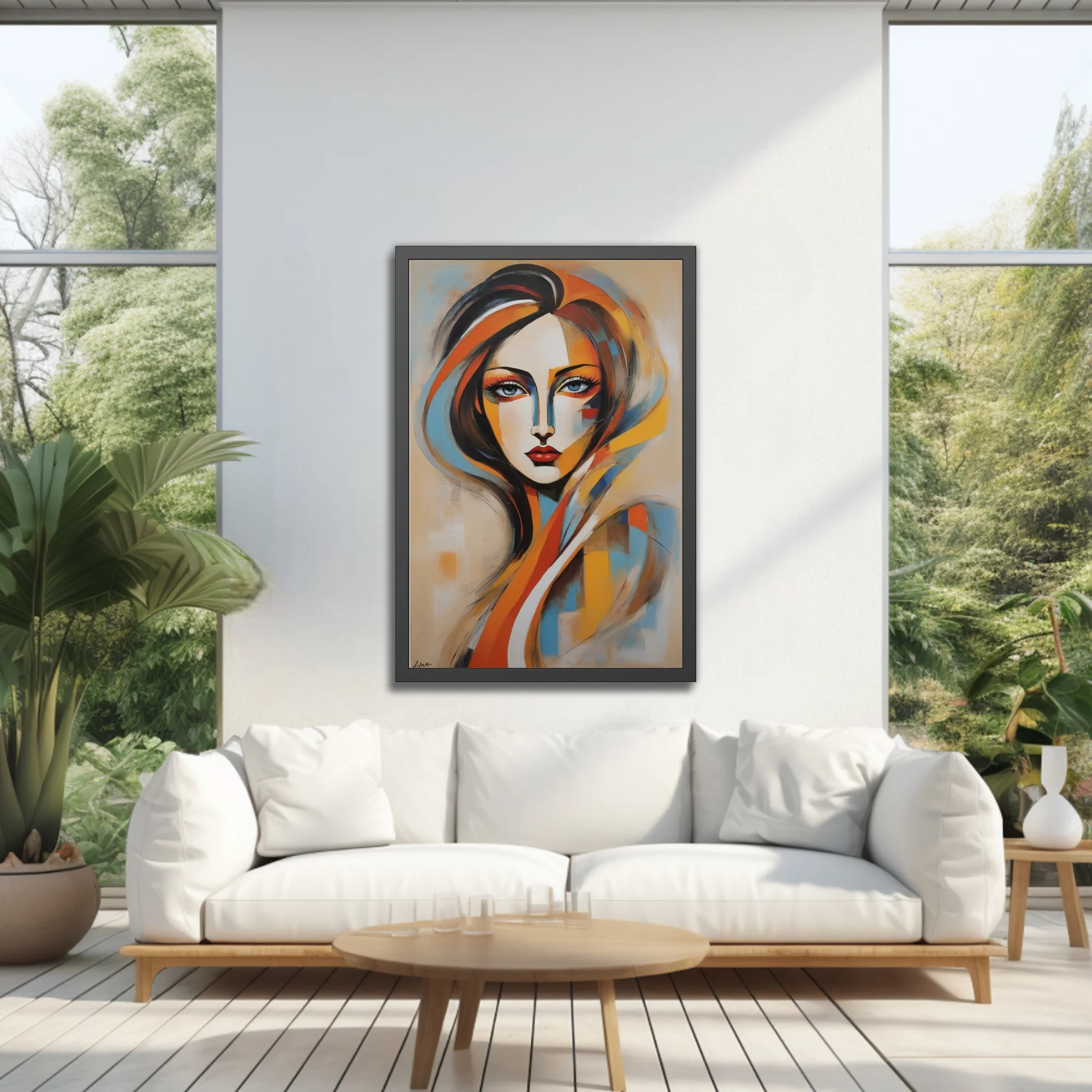 Stylized abstract woman portrait in ochre, orange, blue and black with bold expressive strokes