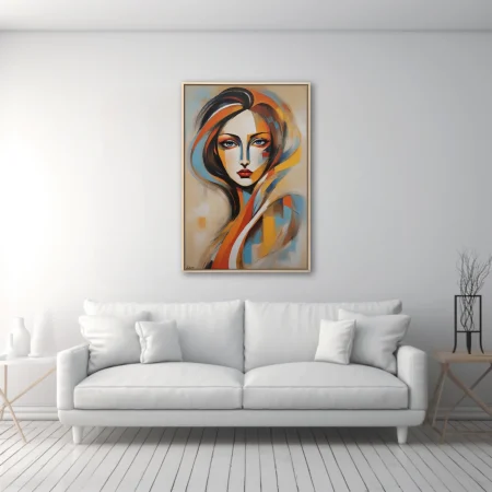 Stylized abstract woman portrait in ochre, orange, blue and black with bold expressive strokes