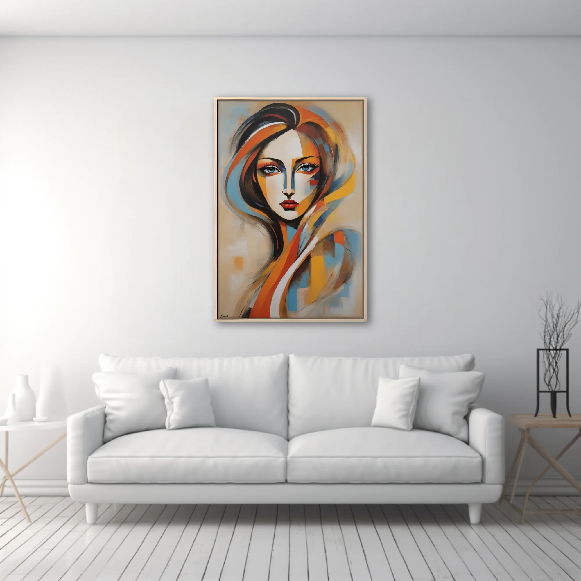 Stylized abstract woman portrait in ochre, orange, blue and black with bold expressive strokes