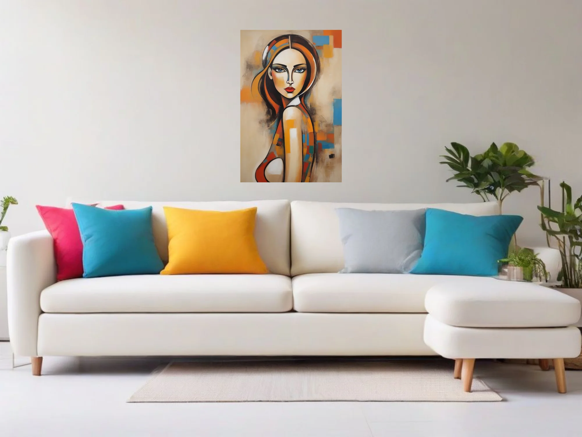 Abstract female portrait warm terracotta orange blue geometric blocks