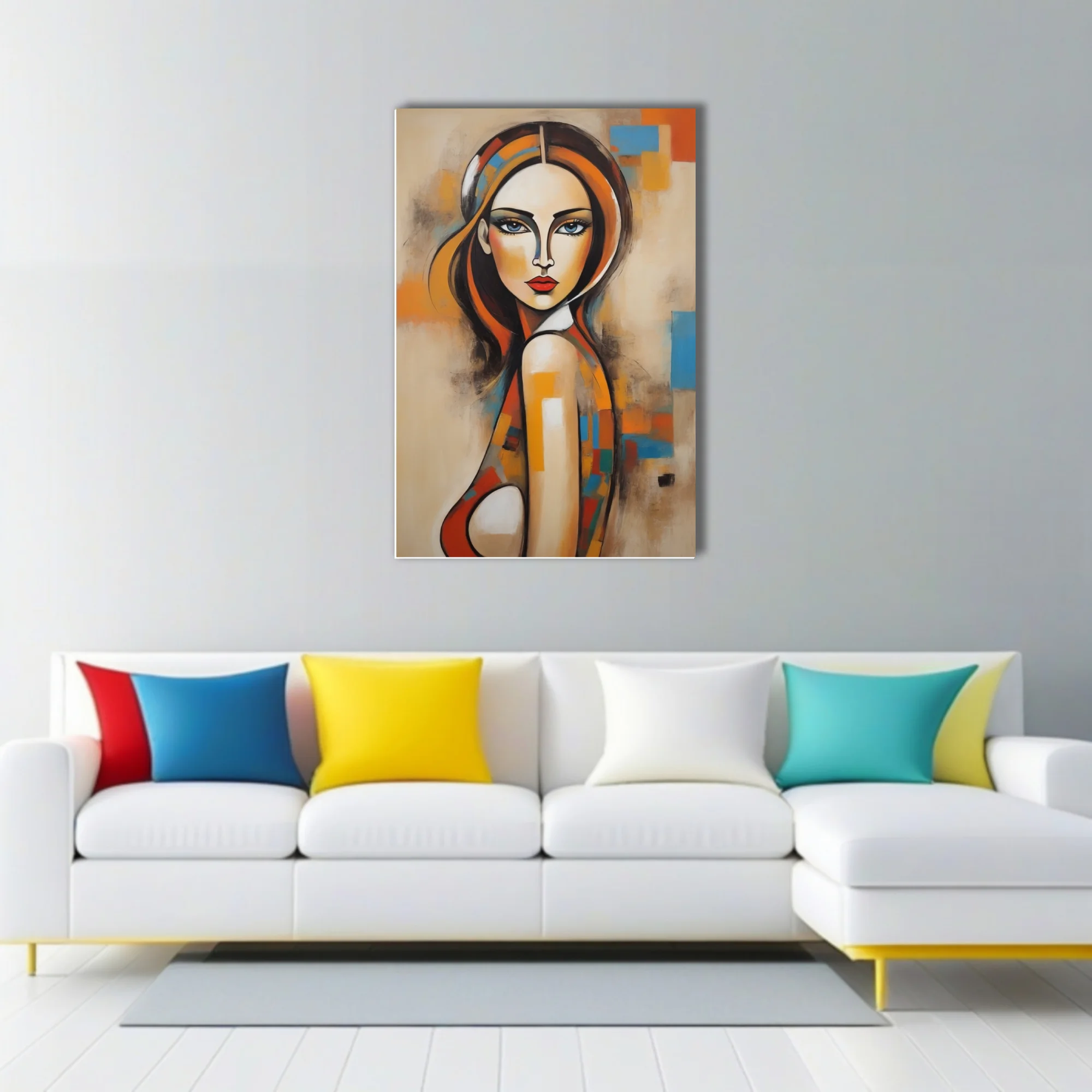 Abstract female portrait warm terracotta orange blue geometric blocks