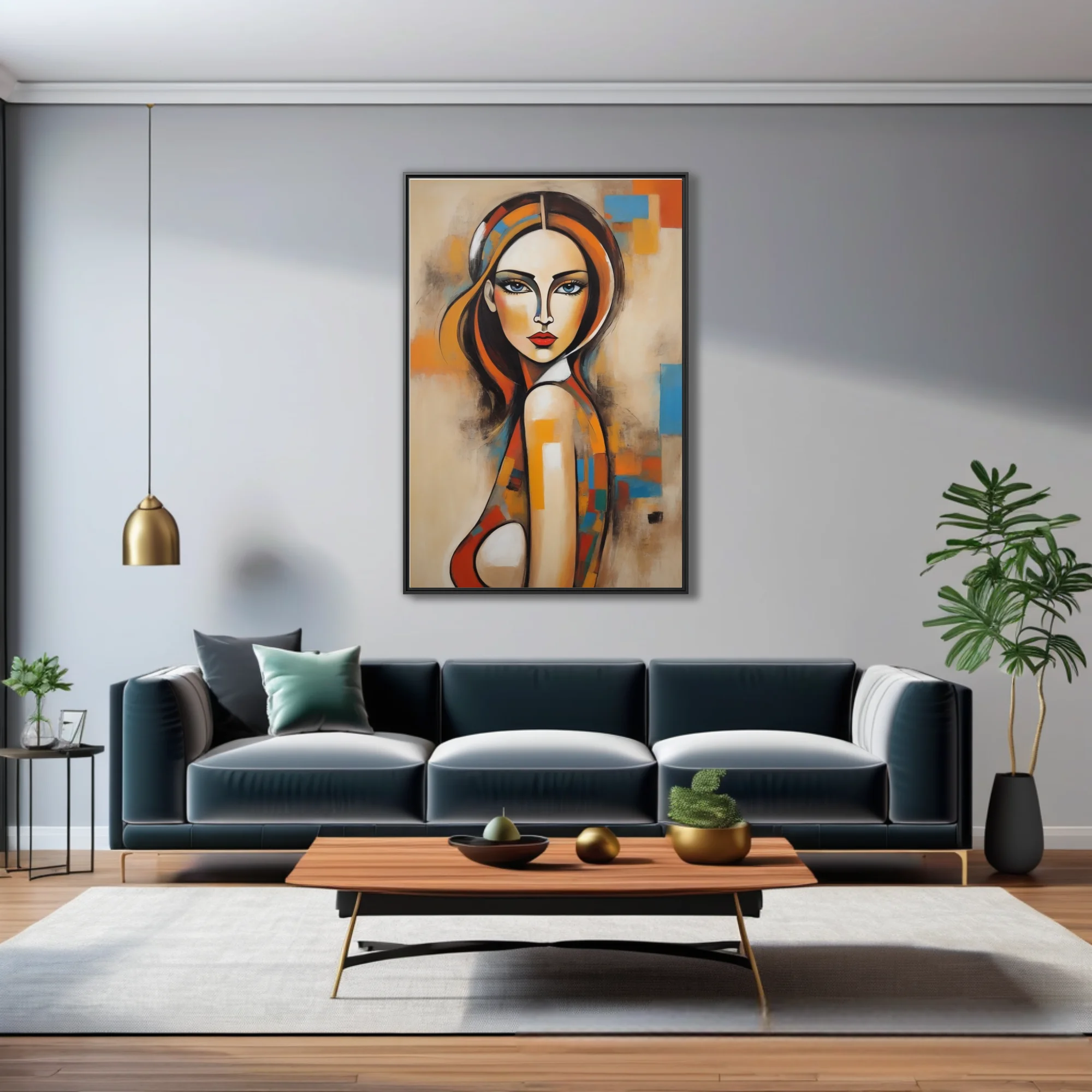 Abstract female portrait warm terracotta orange blue geometric blocks