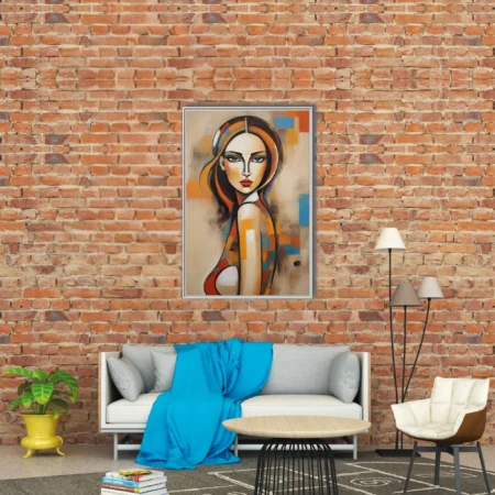Abstract female portrait warm terracotta orange blue geometric blocks