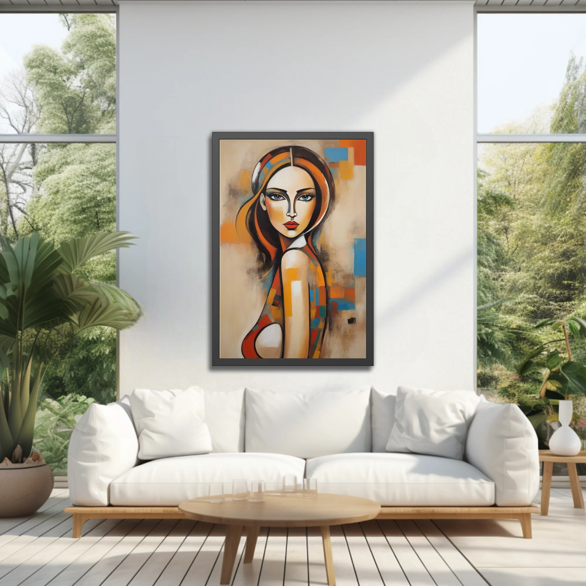 Abstract female portrait warm terracotta orange blue geometric blocks