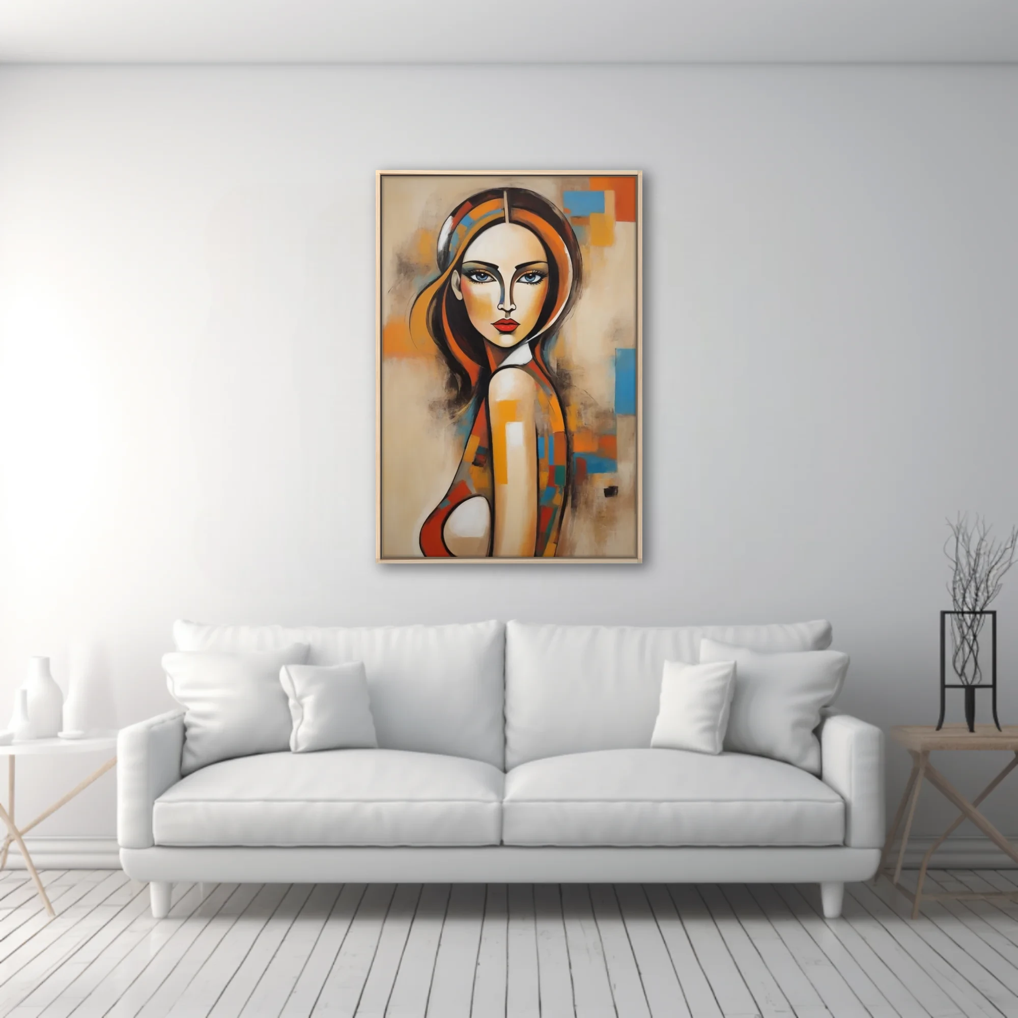 Abstract female portrait warm terracotta orange blue geometric blocks