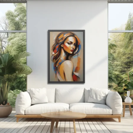 Abstract woman portrait in warm orange, blue, and red tones
