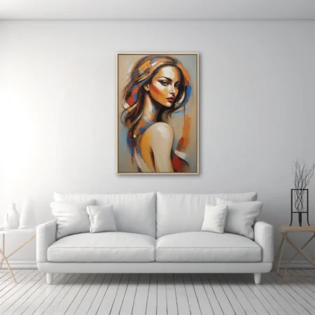 Abstract woman portrait in warm orange, blue, and red tones