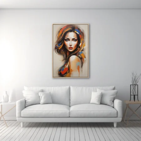 Abstract woman portrait with geometric color blocks in orange, blue, and red tones