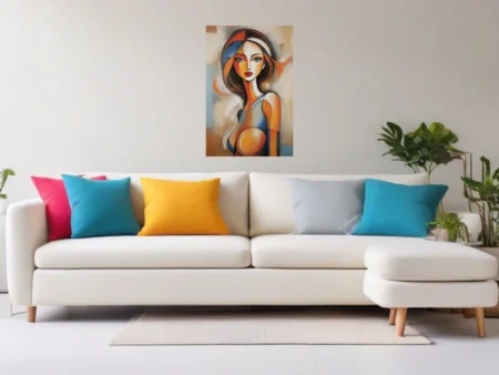 Abstract female portrait in orange, blue, and warm earth tones