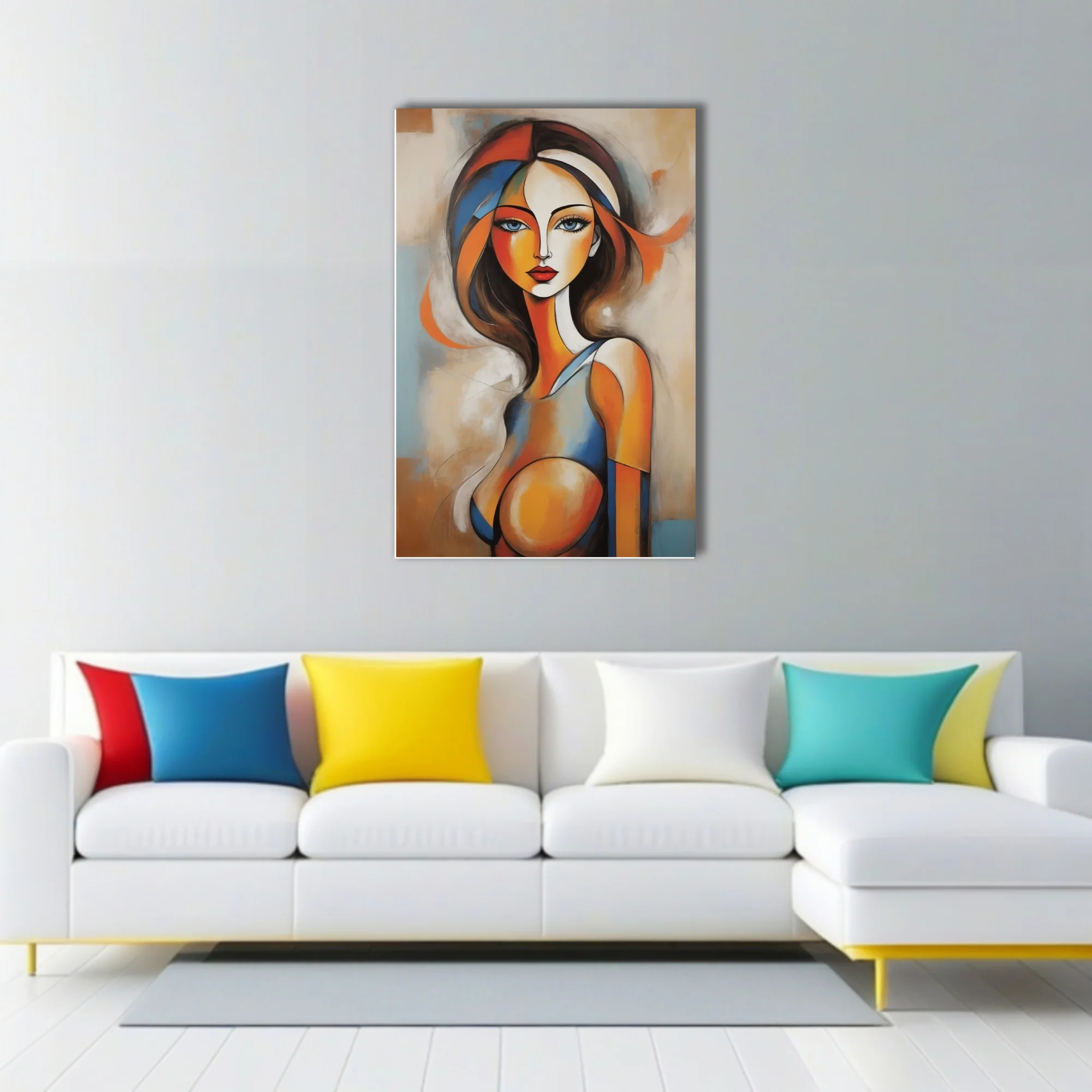 Abstract female portrait in orange, blue, and warm earth tones