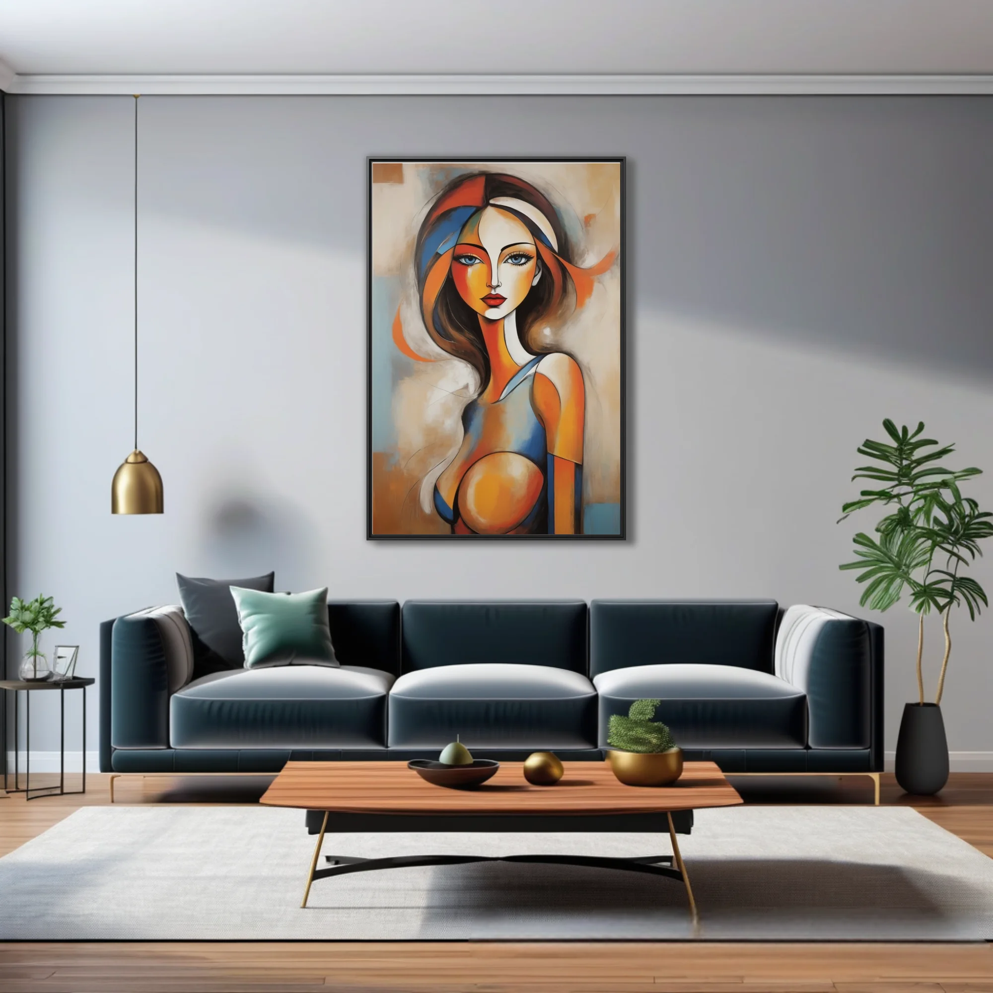 Abstract female portrait in orange, blue, and warm earth tones