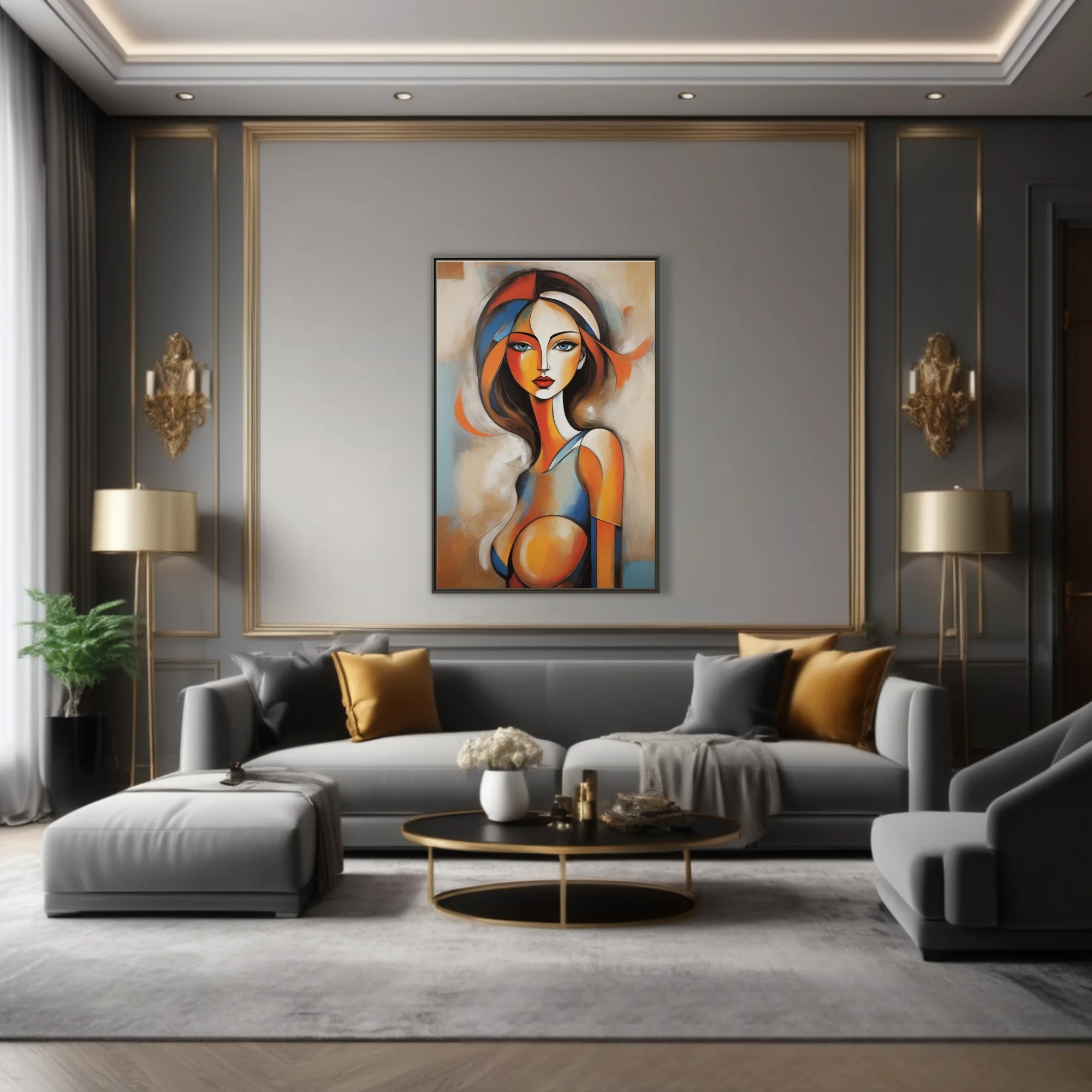 Abstract female portrait in orange, blue, and warm earth tones