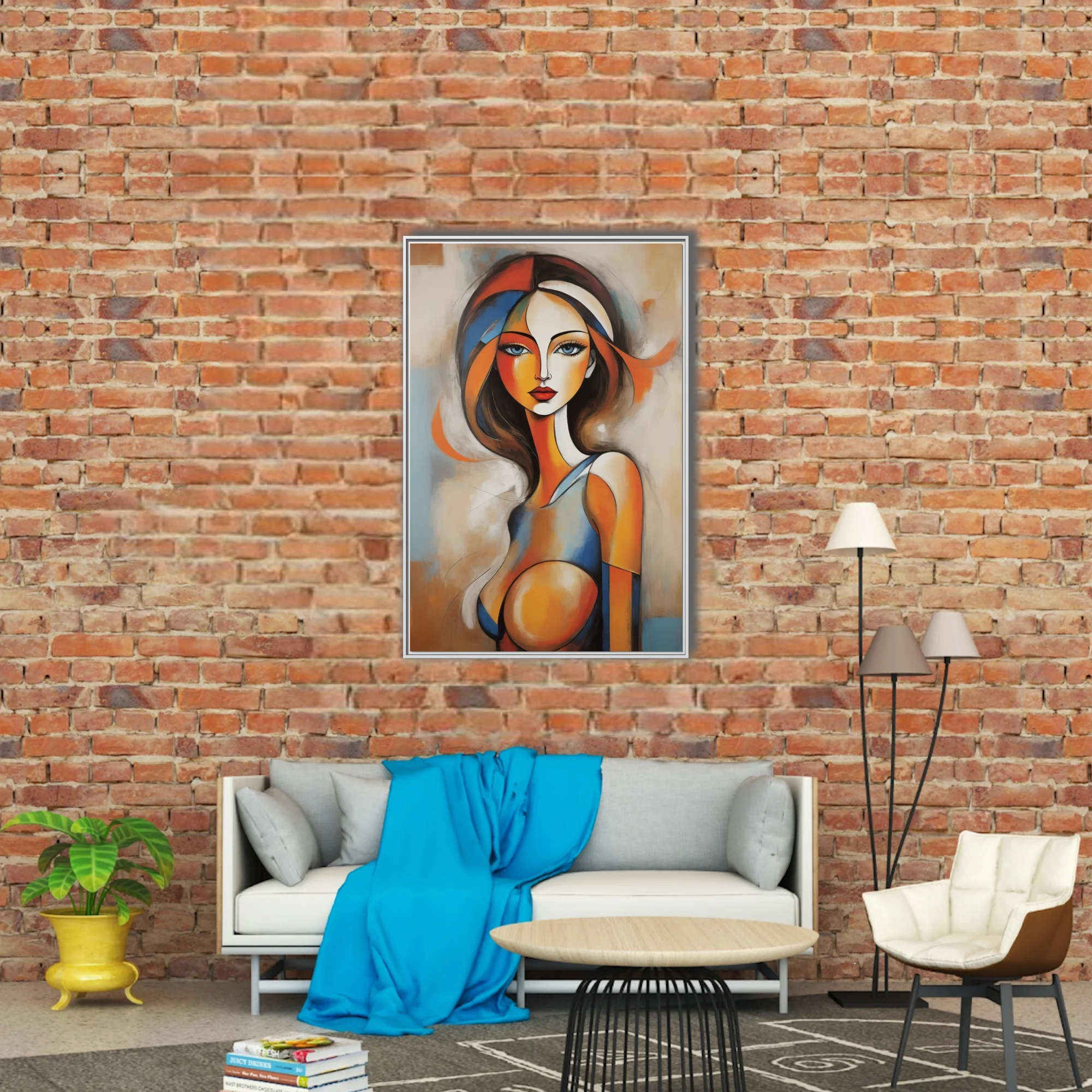 Abstract female portrait in orange, blue, and warm earth tones