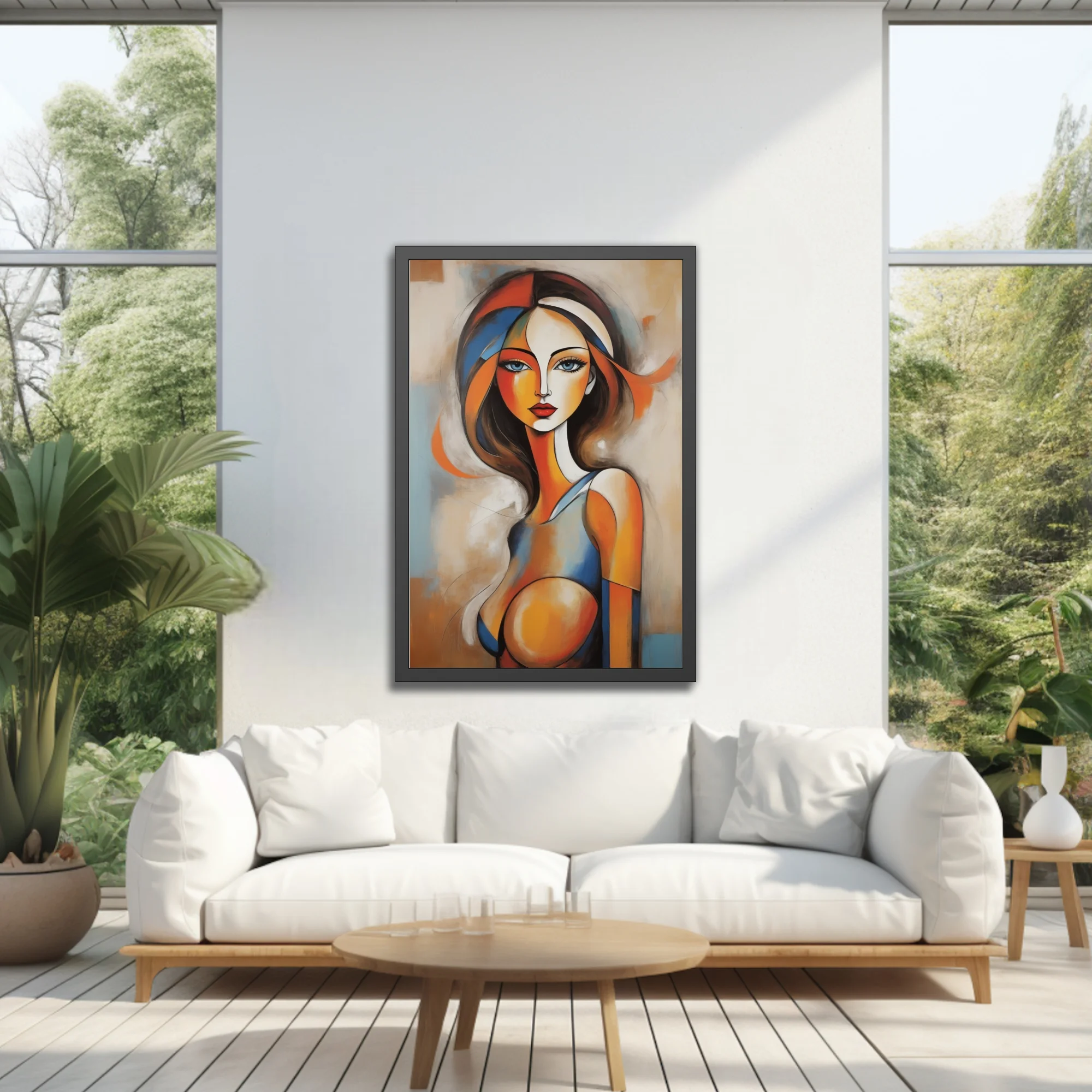 Abstract female portrait in orange, blue, and warm earth tones