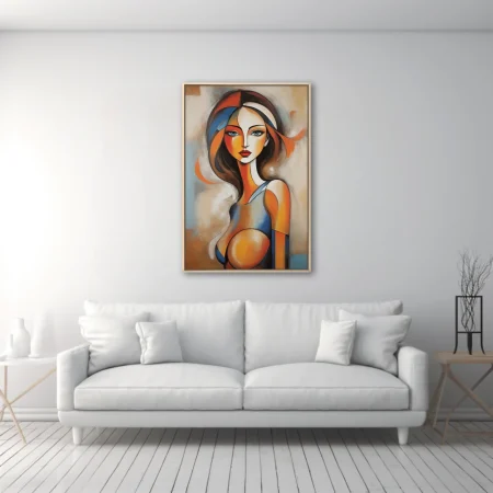 Abstract female portrait in orange, blue, and warm earth tones