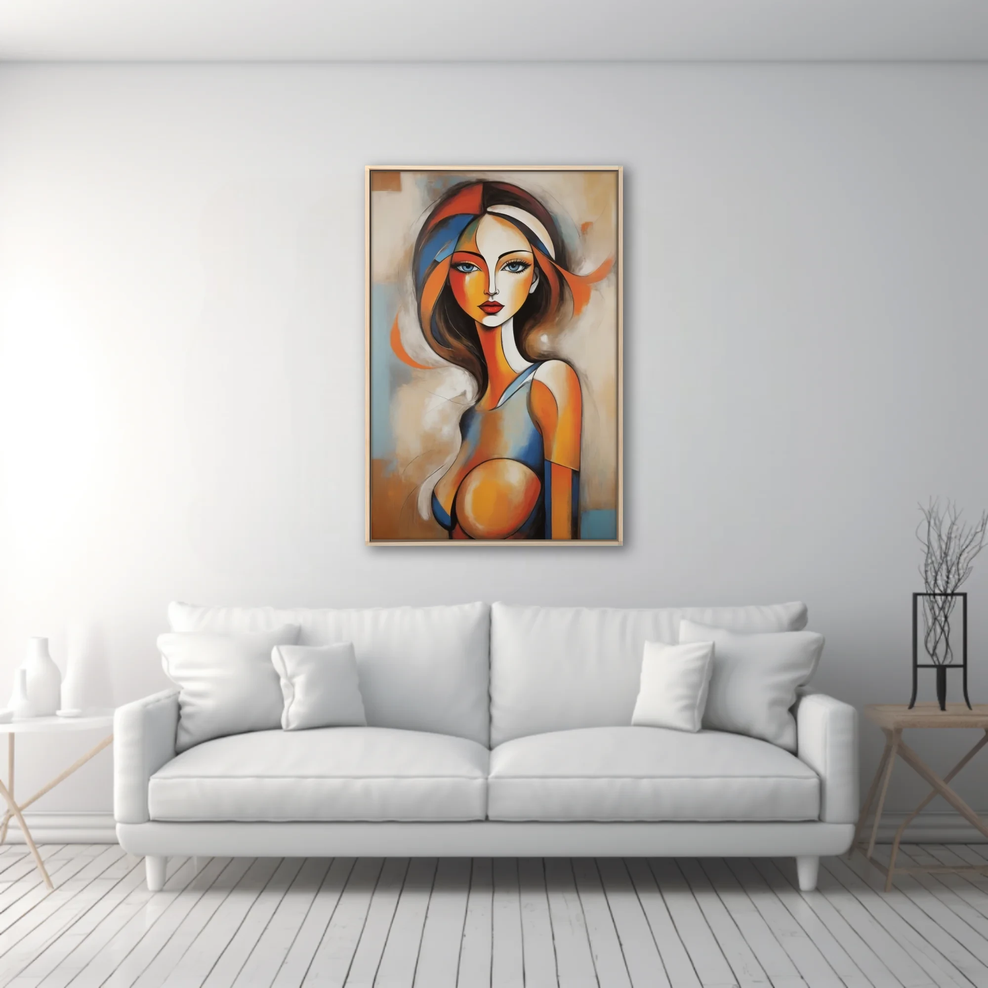 Abstract female portrait in orange, blue, and warm earth tones