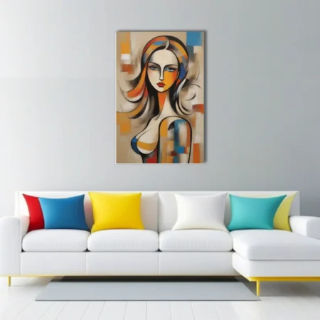 Abstract female portrait, warm orange and blue geometric palette