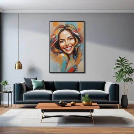 Expressive portrait of smiling woman in vivid orange, turquoise and crimson strokes