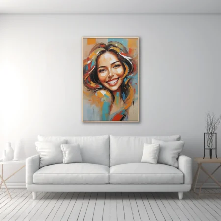 Expressive portrait of smiling woman in vivid orange, turquoise and crimson strokes