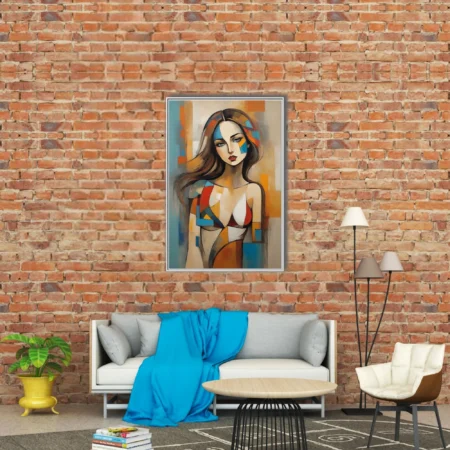 Abstract woman portrait with geometric color blocks in red, blue, and amber