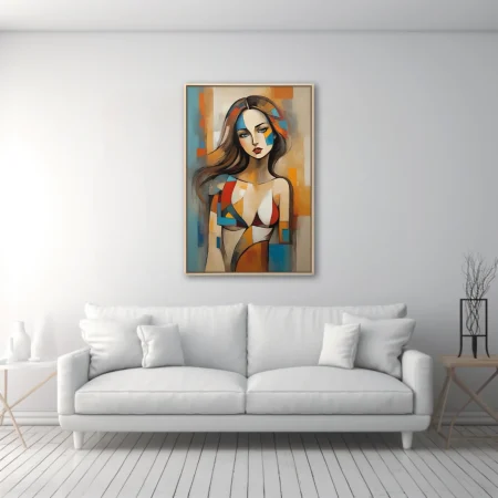 Abstract woman portrait with geometric color blocks in red, blue, and amber