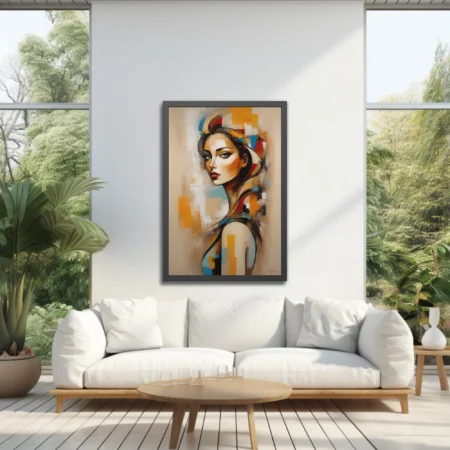 Abstract woman portrait in ochre, red, and blue geometric strokes