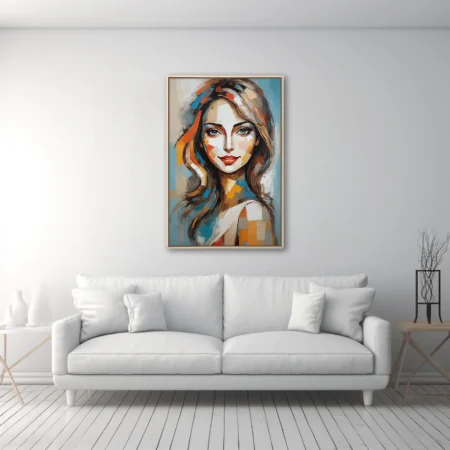 Abstract woman portrait with mosaic strokes in blue, orange, and warm tones