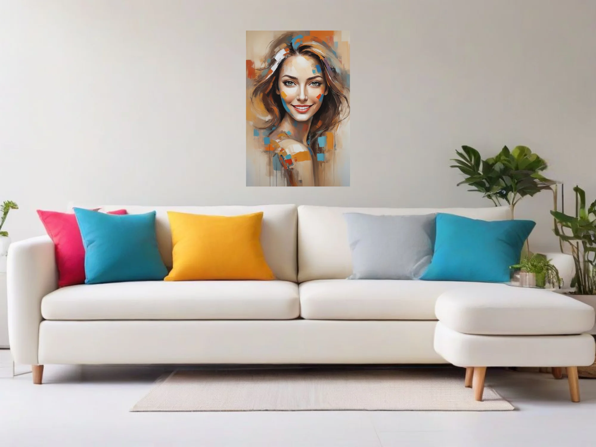 Abstract woman portrait with colorful geometric paint blocks, warm earthy tones