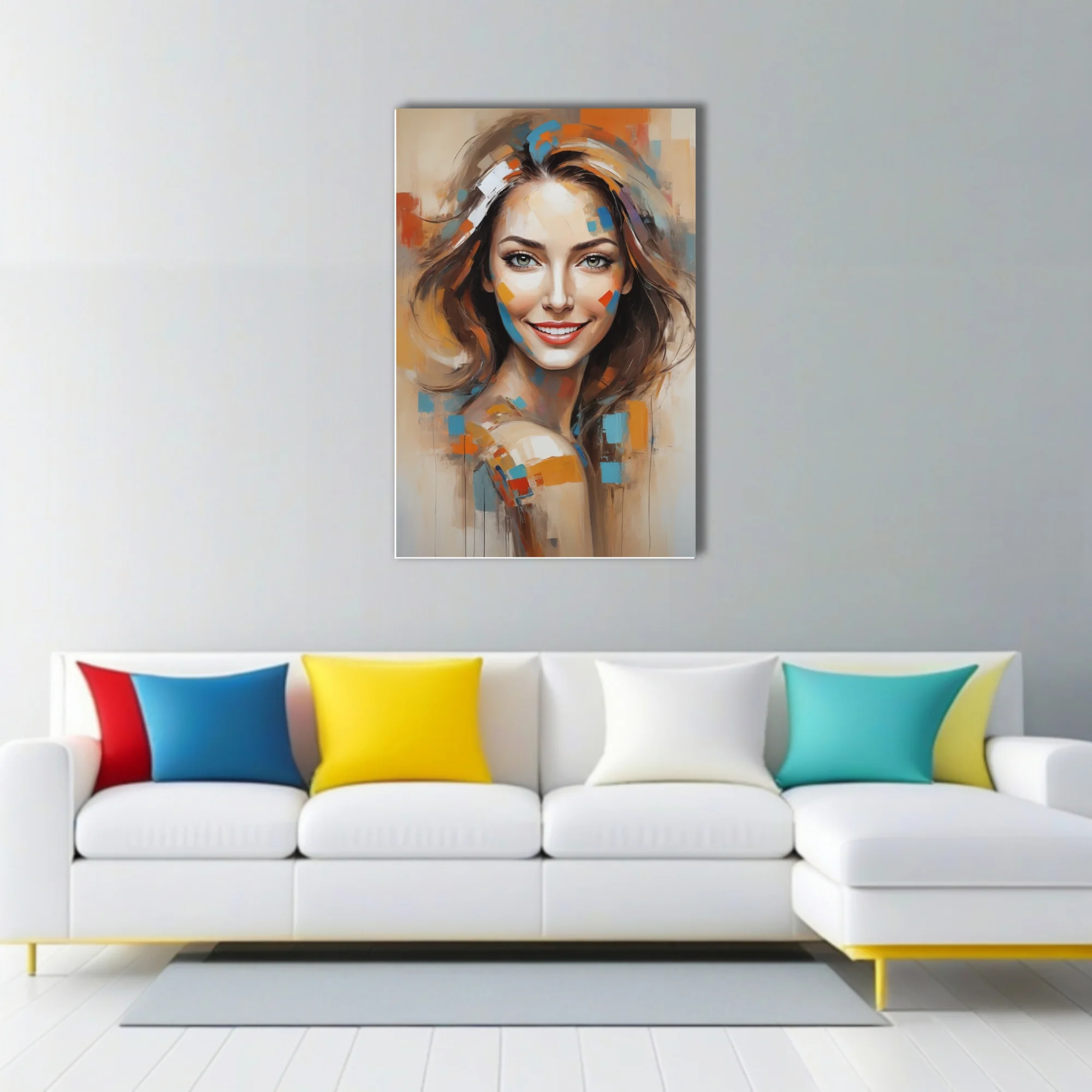 Abstract woman portrait with colorful geometric paint blocks, warm earthy tones
