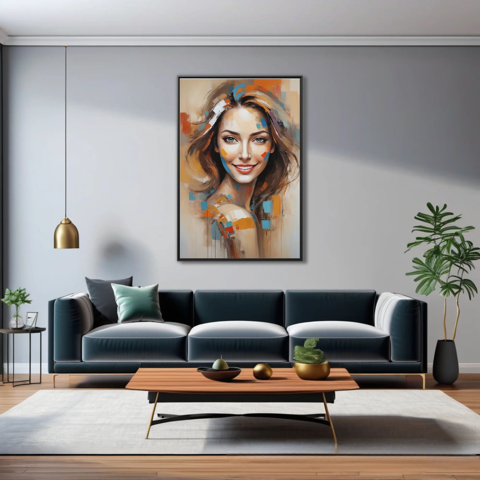 Abstract woman portrait with colorful geometric paint blocks, warm earthy tones