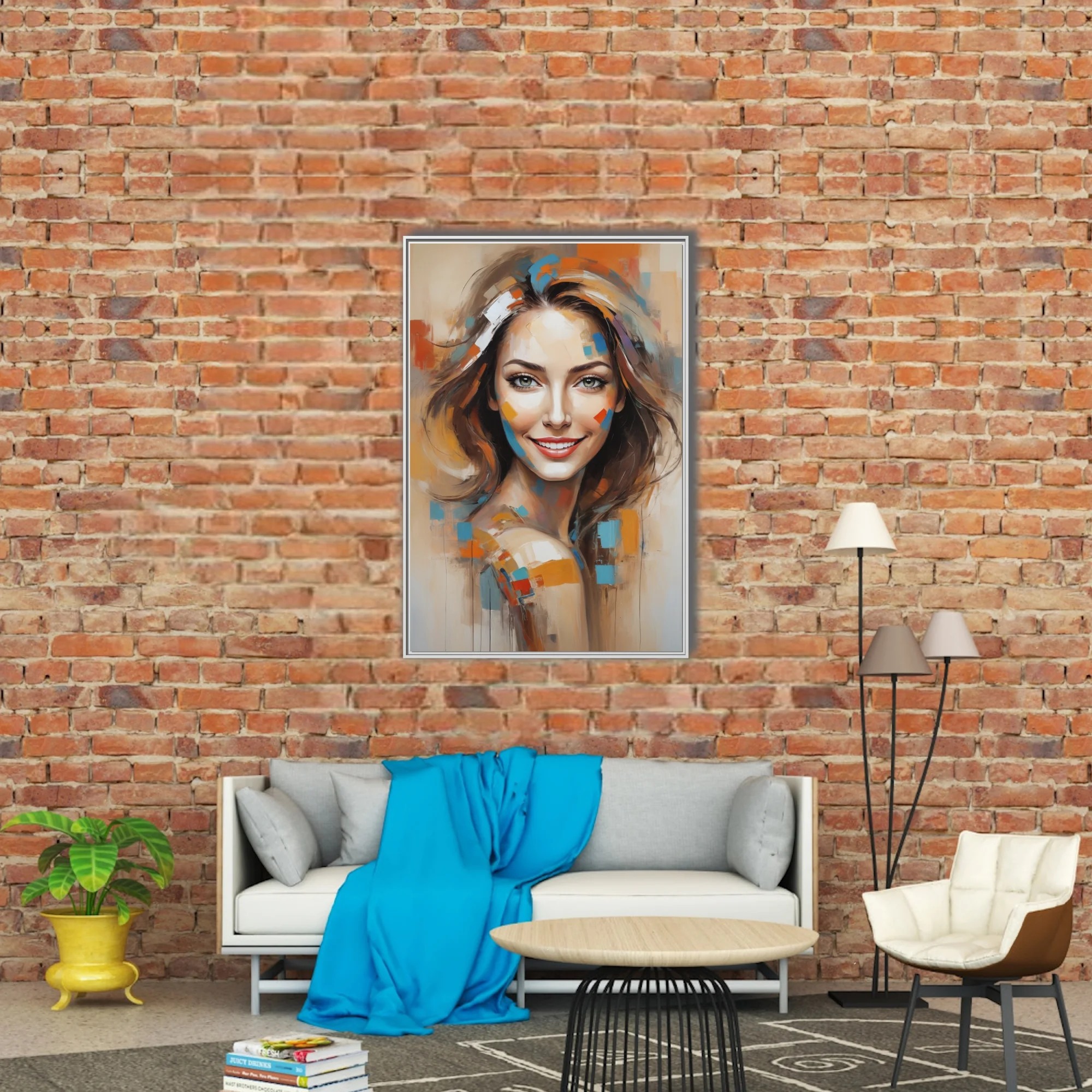 Abstract woman portrait with colorful geometric paint blocks, warm earthy tones