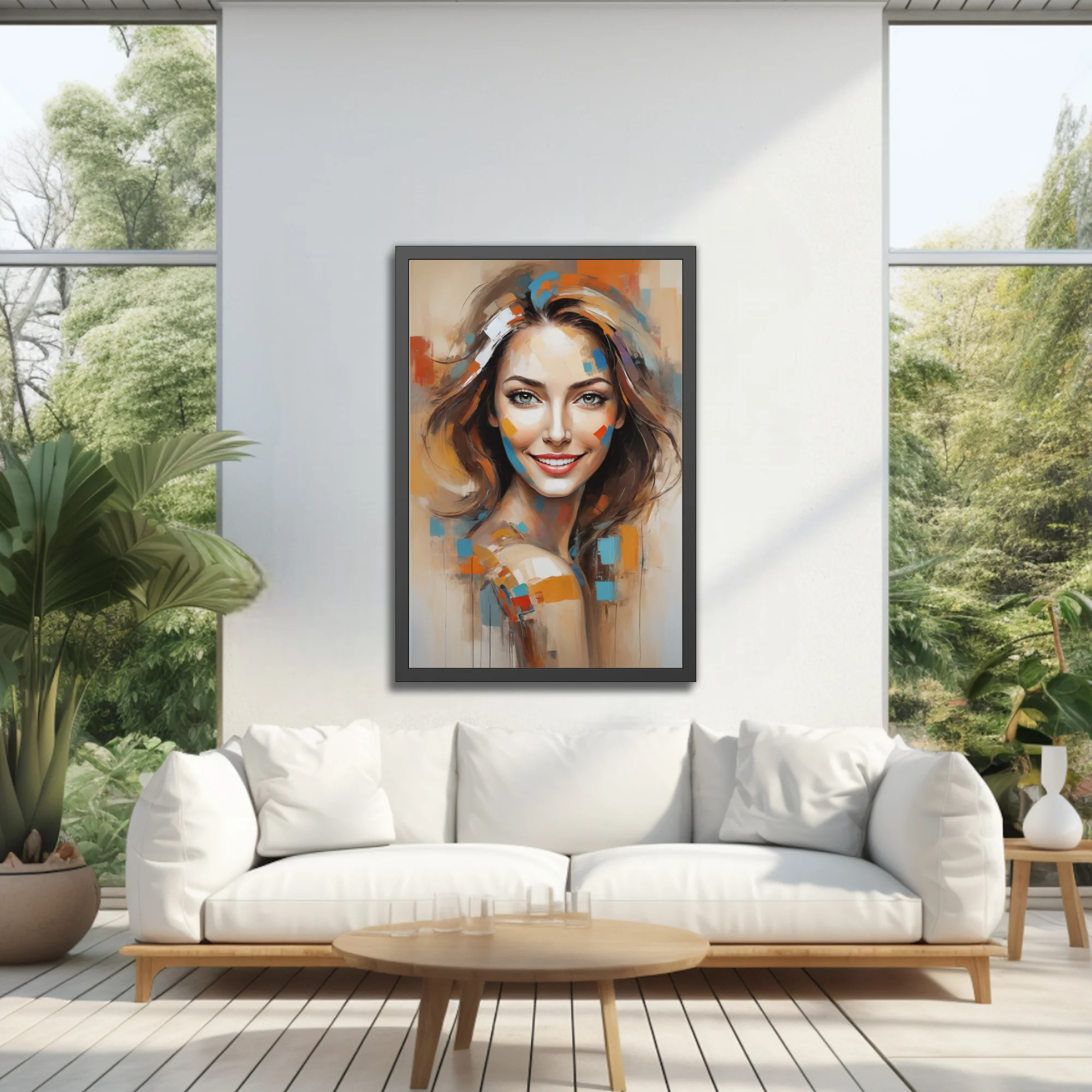 Abstract woman portrait with colorful geometric paint blocks, warm earthy tones