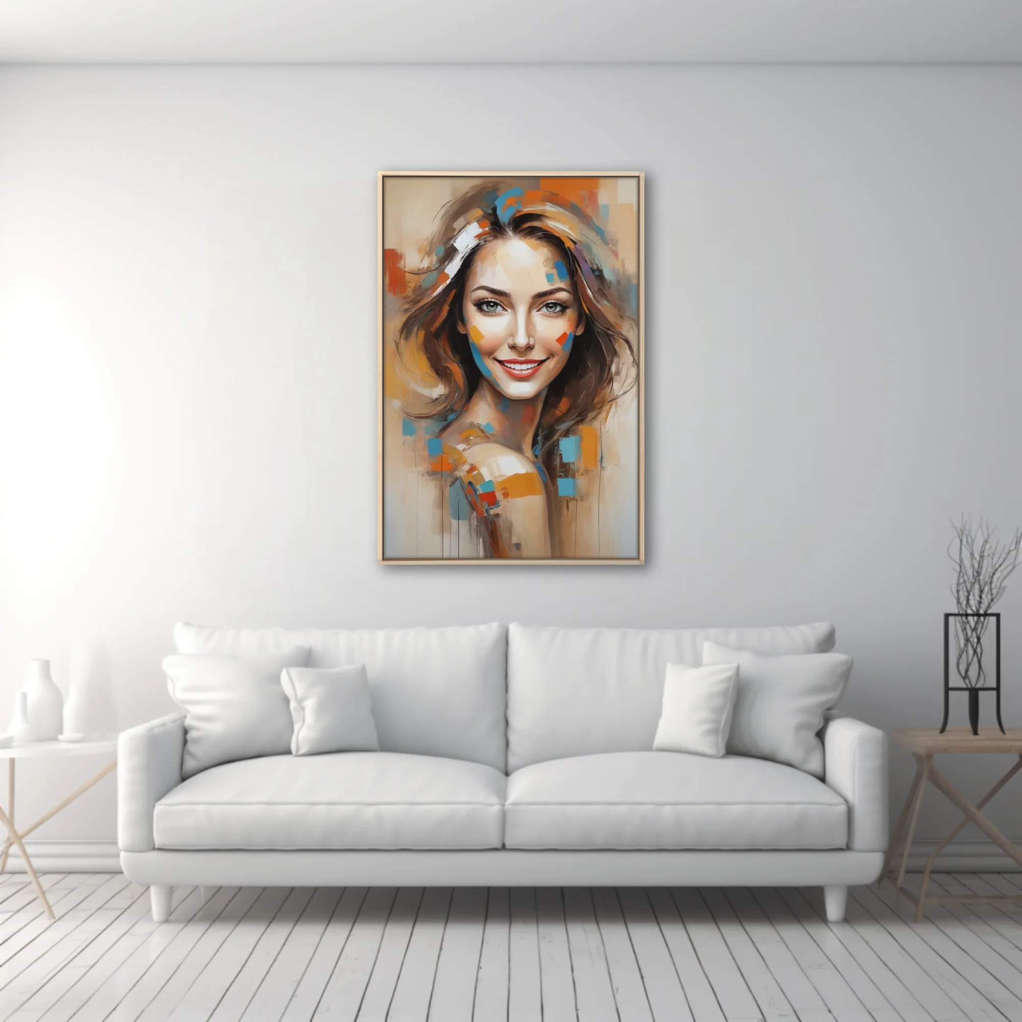 Abstract woman portrait with colorful geometric paint blocks, warm earthy tones