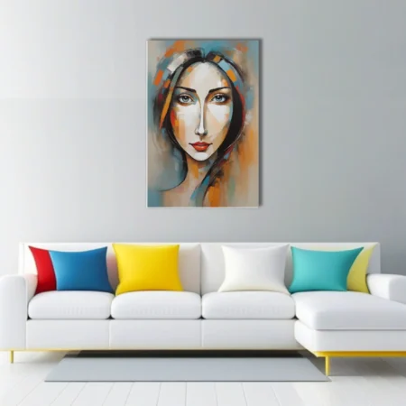 Abstract female portrait with teal, orange, and red geometric color blocks