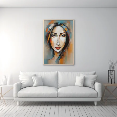 Abstract female portrait with teal, orange, and red geometric color blocks