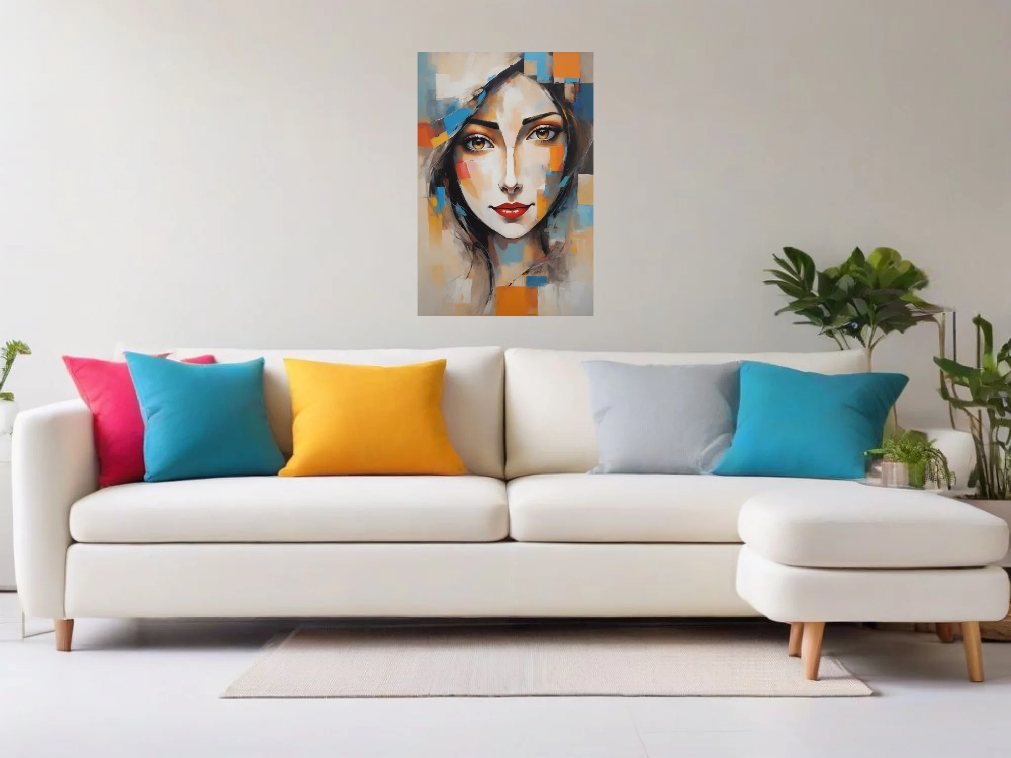 Abstract woman portrait with geometric color blocks, golden eyes, red lips