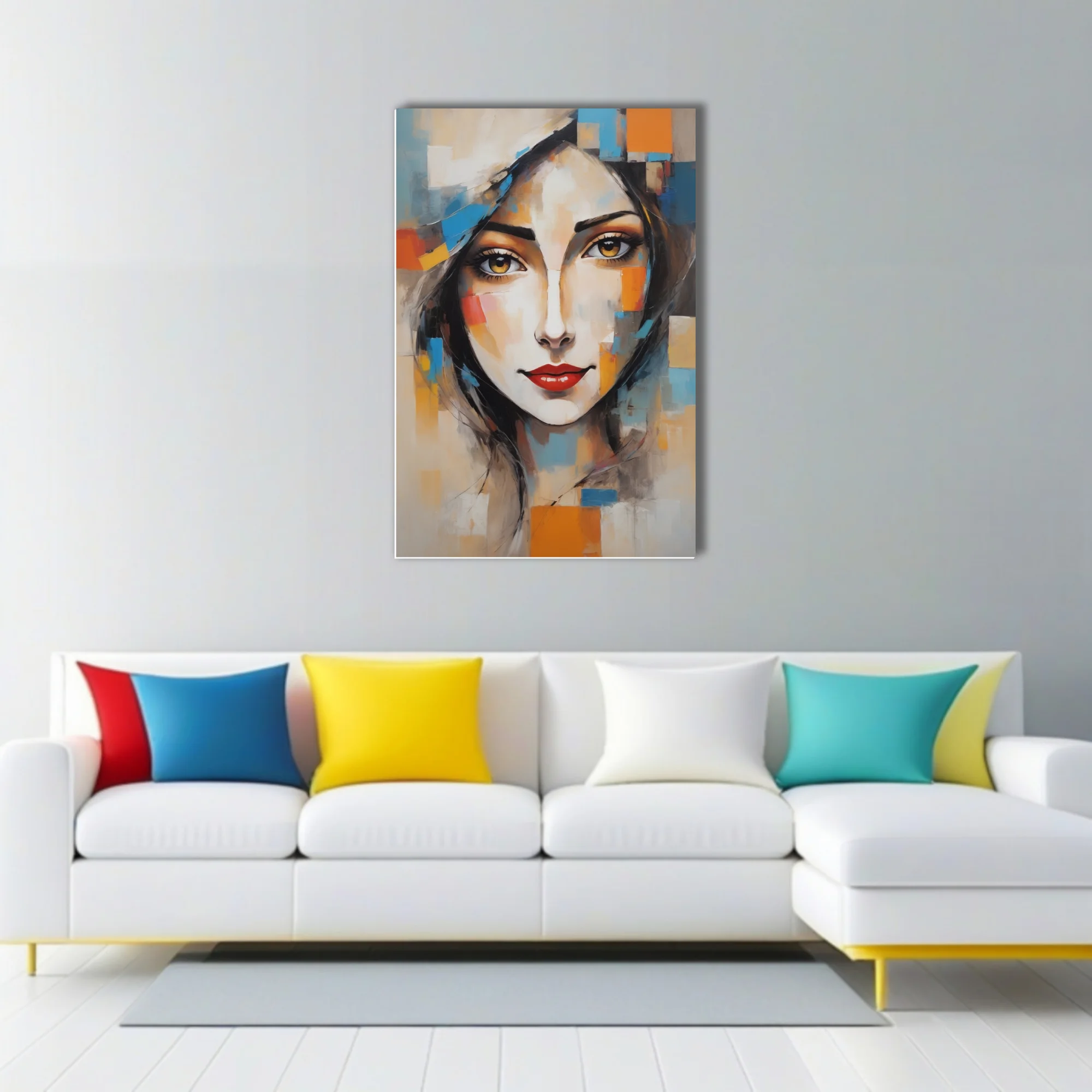 Abstract woman portrait with geometric color blocks, golden eyes, red lips