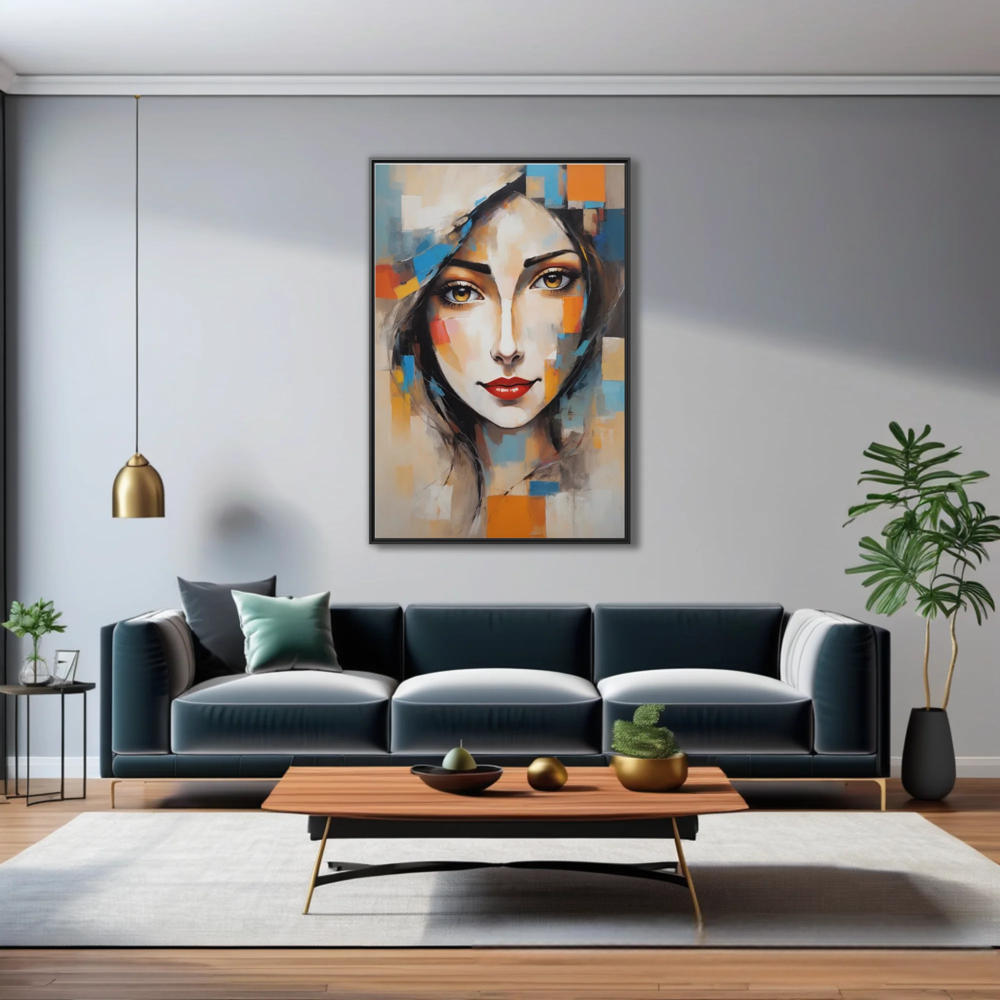 Abstract woman portrait with geometric color blocks, golden eyes, red lips