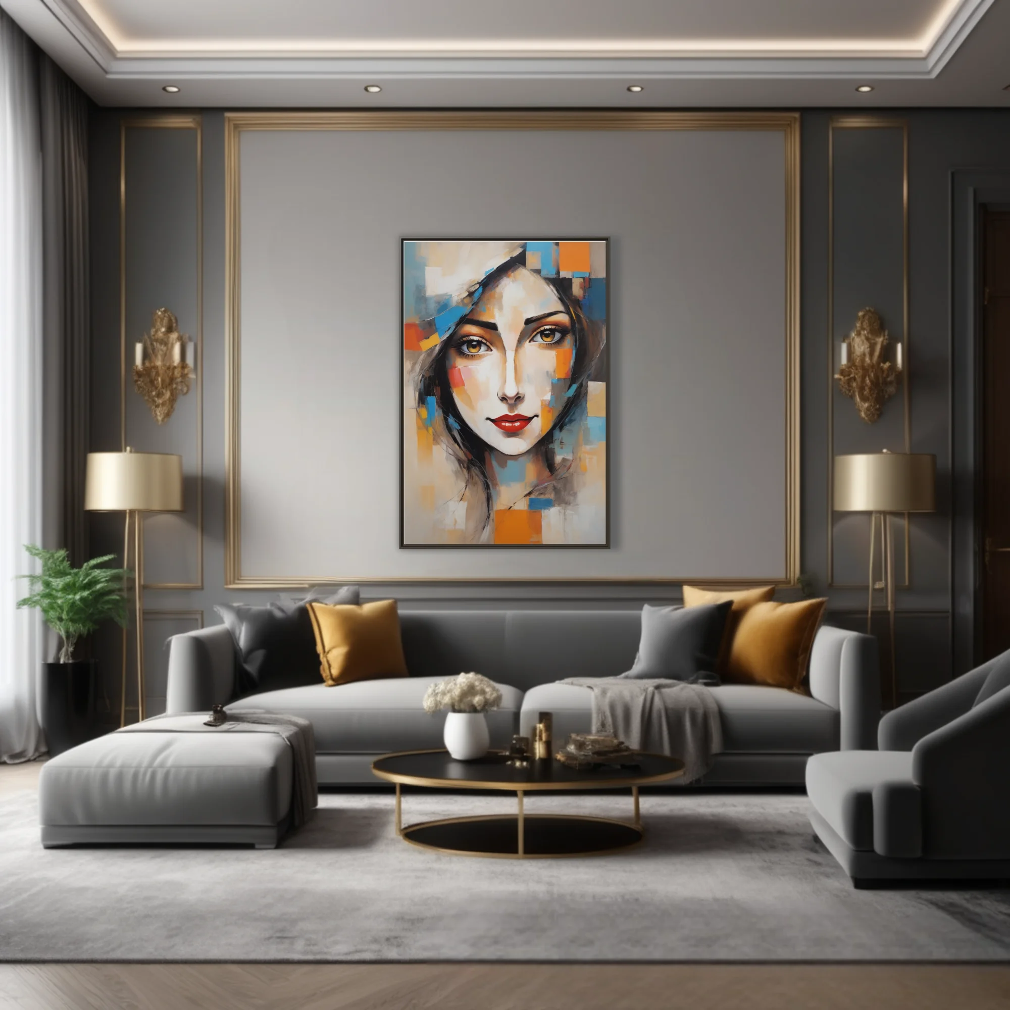 Abstract woman portrait with geometric color blocks, golden eyes, red lips