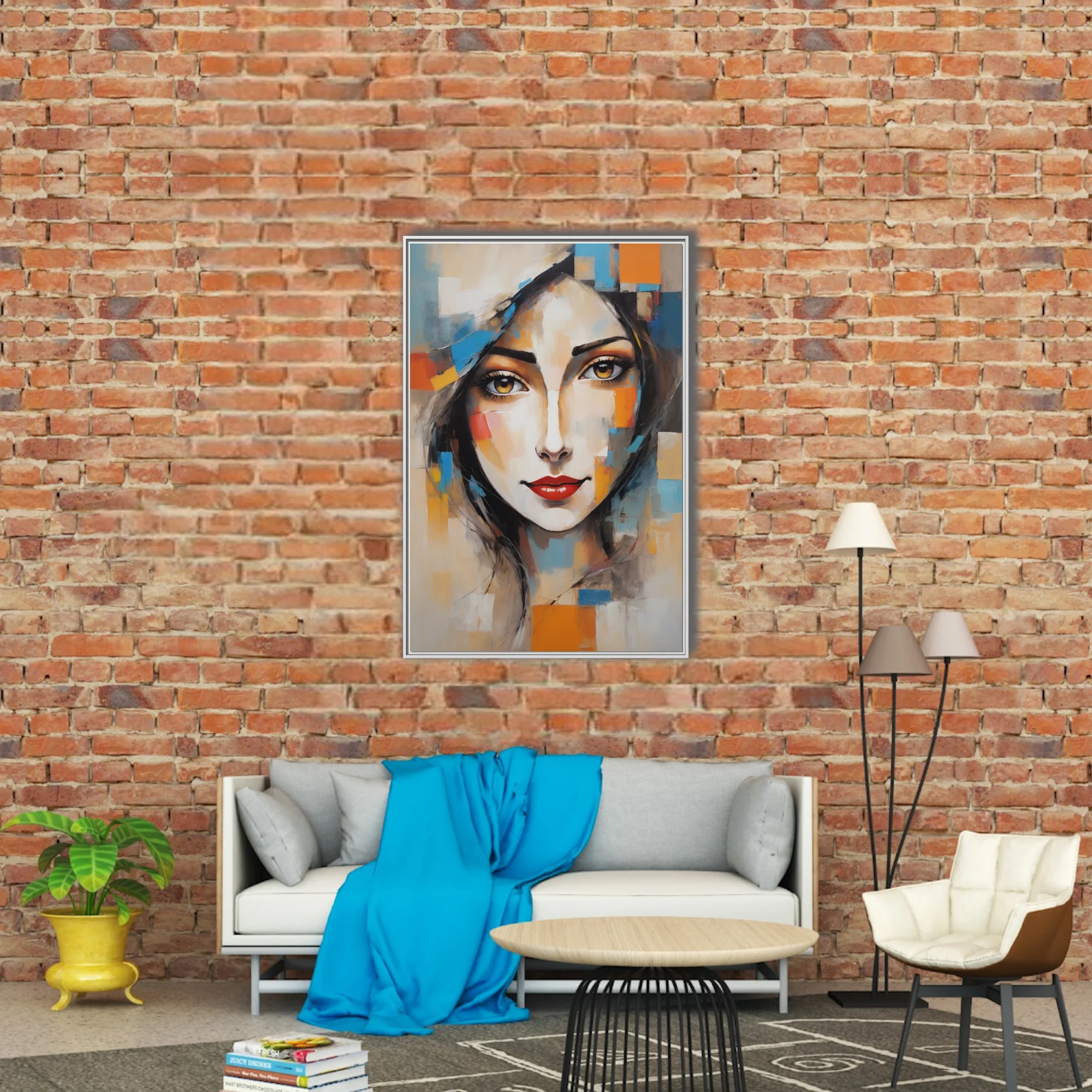 Abstract woman portrait with geometric color blocks, golden eyes, red lips