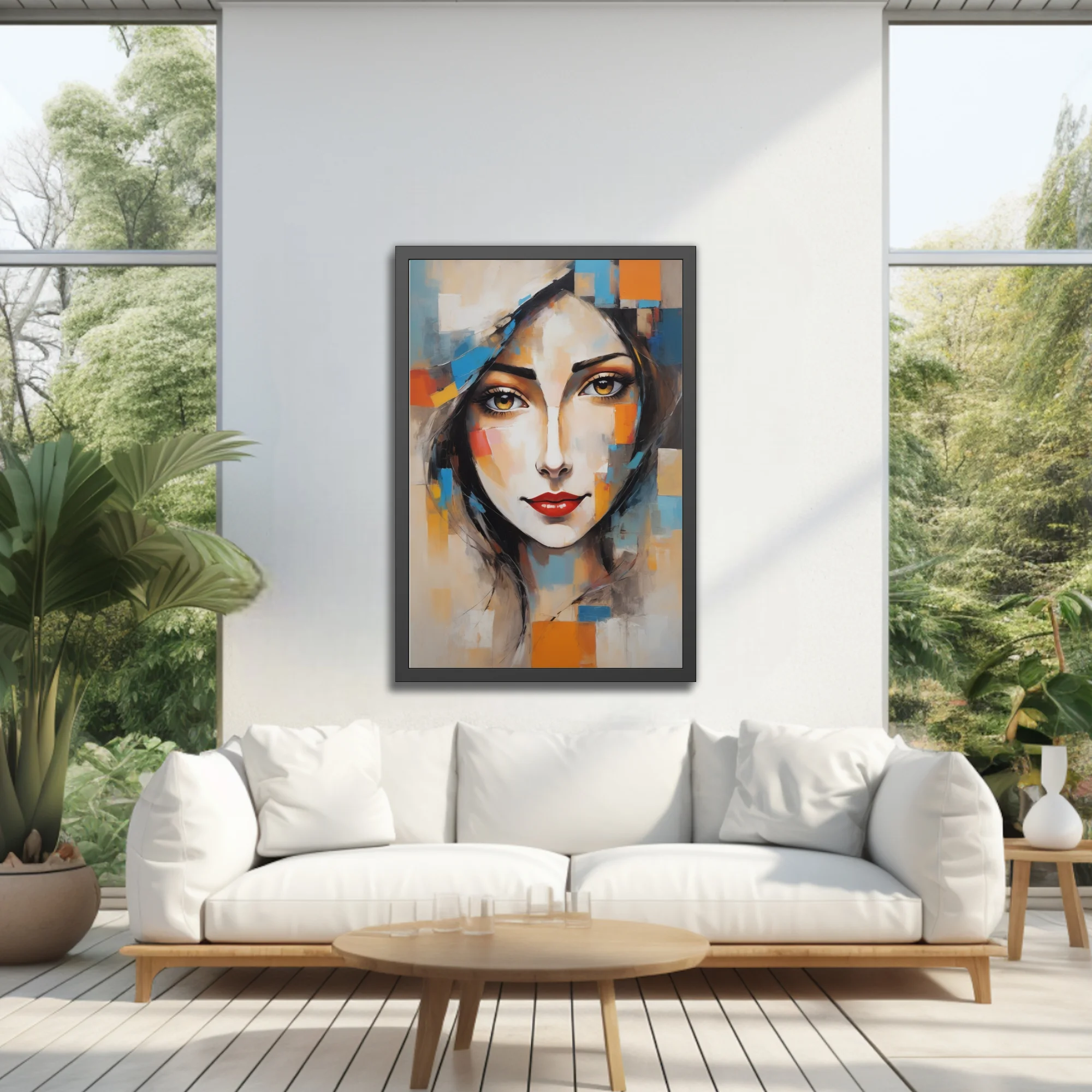 Abstract woman portrait with geometric color blocks, golden eyes, red lips
