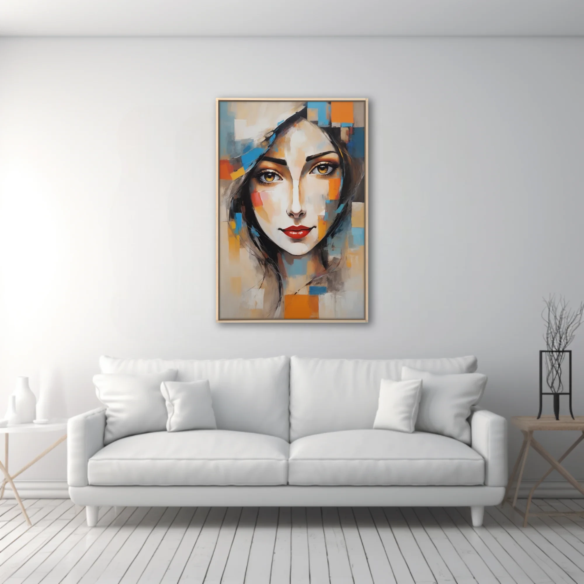 Abstract woman portrait with geometric color blocks, golden eyes, red lips