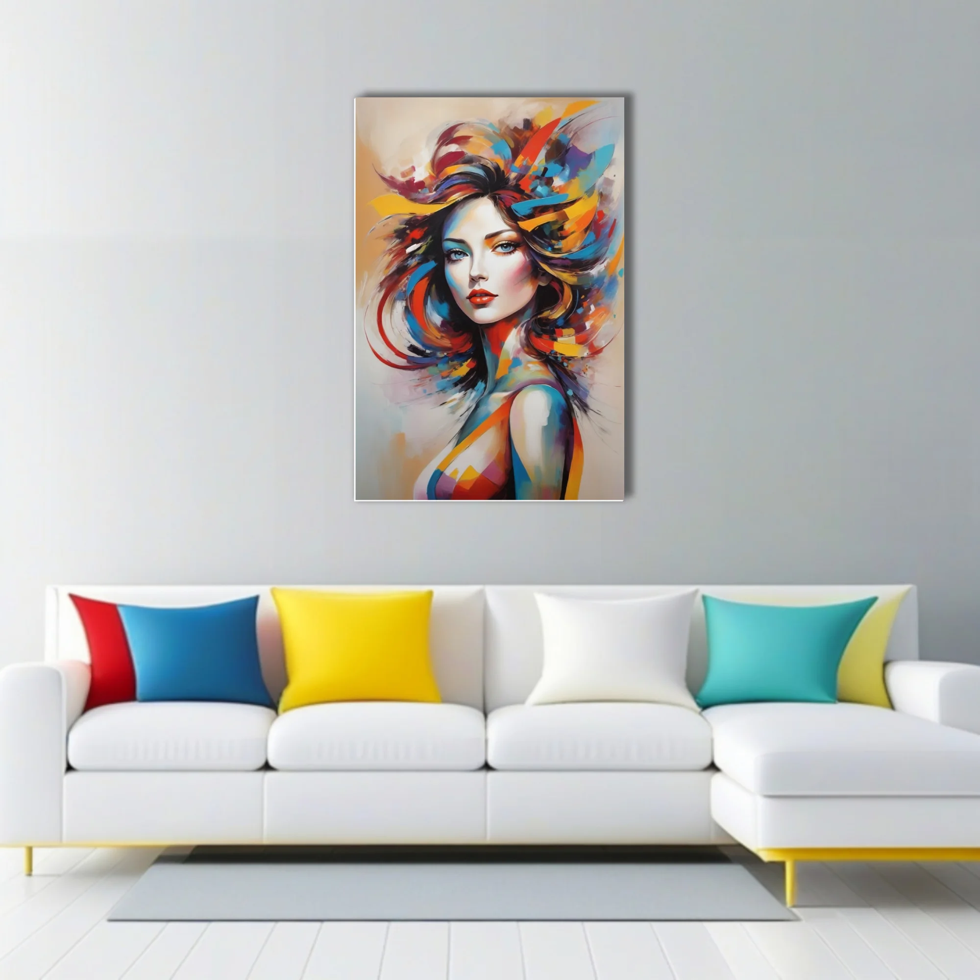 Vibrant abstract portrait of a woman with colorful flowing hair in bold painterly strokes