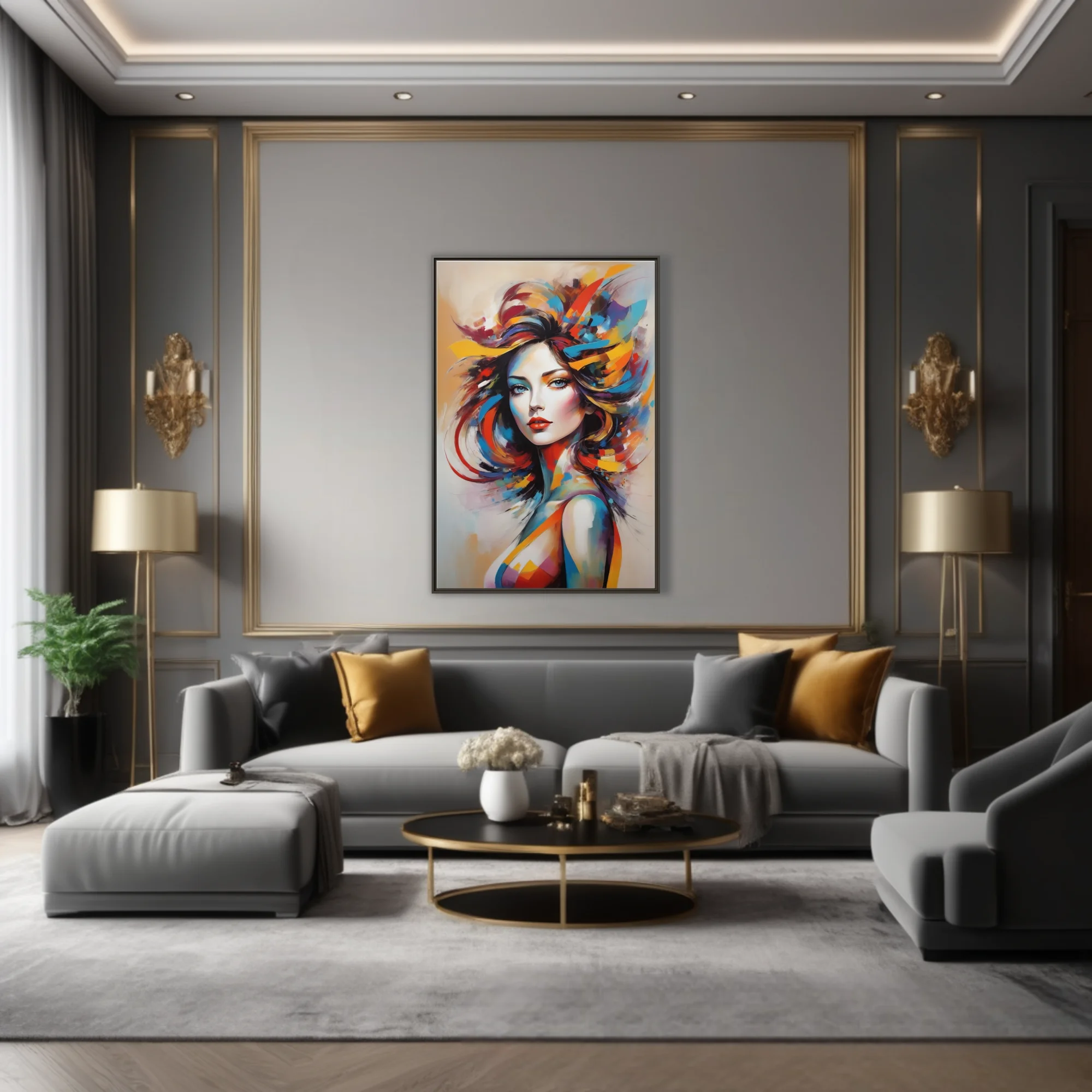 Vibrant abstract portrait of a woman with colorful flowing hair in bold painterly strokes
